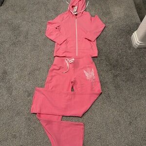 Express Pink Track suit with white accent
raw hem as pictured